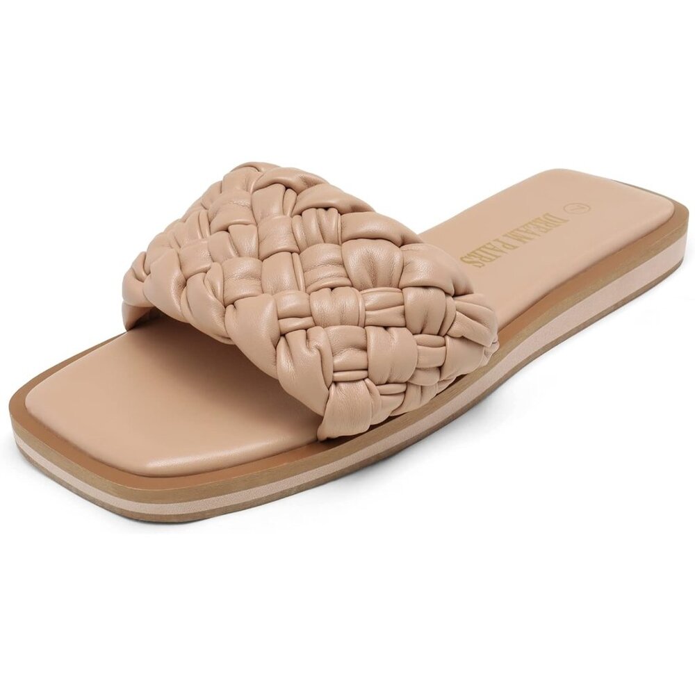 Women's Tan Square Open Toe Slide Sandals Cute Slip on Braided Strap